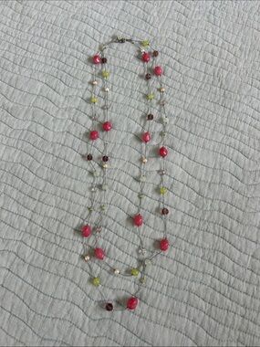 Multi-Strand Pink Bead Necklace with Green and Silver Accents